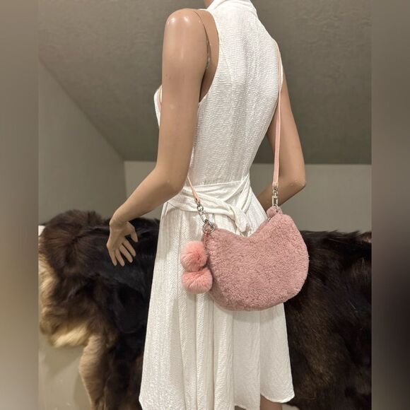 Dusty Rose Real Shearling Leather Half Moon Handbag with 2 Straps & Fur Charm - Picture 6 of 16